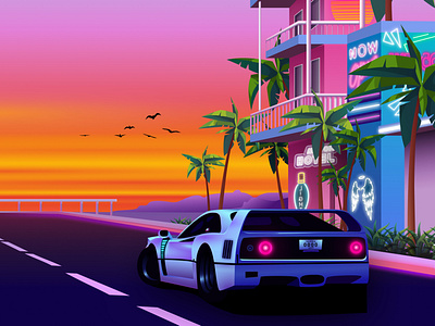 Sunset drive 80s US Travel 80s art car drive figma game gaming grand theft auto gta hollywood hotel illustration landscape los angeles motel neon neon lights sky sport car sunset