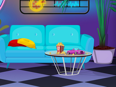 Neon lights inspired room 1980s 80s bar california couch design figma game illustration lamp living room neon outrun plants retro retro wave retrowave room sofa synthwave