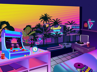 Paradise retro arcade 80s 1980s 80s arcade car figma game illustration lights lp neon outrun retro retrowave sllots slot machines sunset synth synthwave vintage vinyl