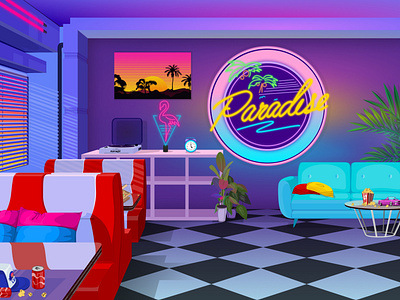 American restaurant neon signs 80s 1980s 80s american vibes bar car couch design figma game illustration neon paradise pizza plants popcorn retrowave sunset usa vinyl