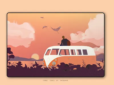 Combi Tunes | Illustration 2d adobe adobe illustrator charecter combi design dribbble dribdrab guitar illustration minimal orange orange combi person shop sitting sunrise sunset yellow