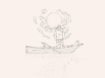 Water Views | Photoshop Sketch 2022 boat charecter doodle dribdrab illustration pencil person pug round clouds scalf simple sketch standing in boat sun view water