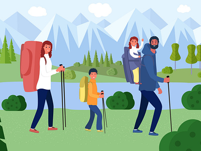 Family on a hike  vector illustration
