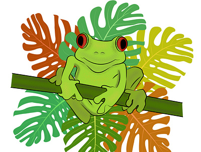 Green frog sitting on a tropical tree. art cartoon flat graphic design illustration nature summer vector