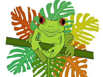 Green frog sitting on a tropical tree.