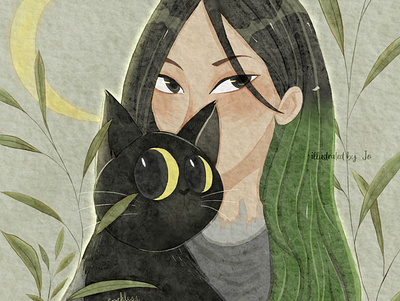 Witch And Her Cat - Custom Illustration character drawing illustration people procreate