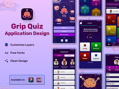 Grip Quiz App Design adobe xd figma graphics design grip quiz quiz app flow trivia uikit uiux
