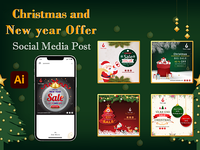 Christmas and New Year Offer Social Media Post Template businesses christmas e commerce marketing new year offer post offers shops social media posts templates