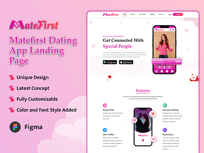 Mate First - Dating Application Landing Page app highlights dates dating app dating landing page features finding perfect match landing page peoples uiux website design