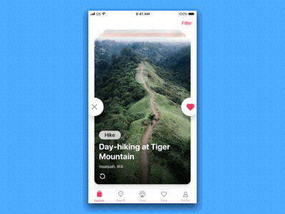 Adventure Matcher adventure app cards finder home screen ios match motion search swipe tinder trail