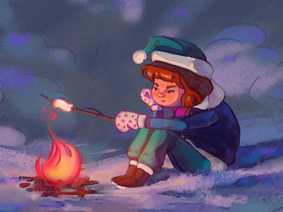 Late-night winter doodle fire forest girl illustration marshmallow snow winter