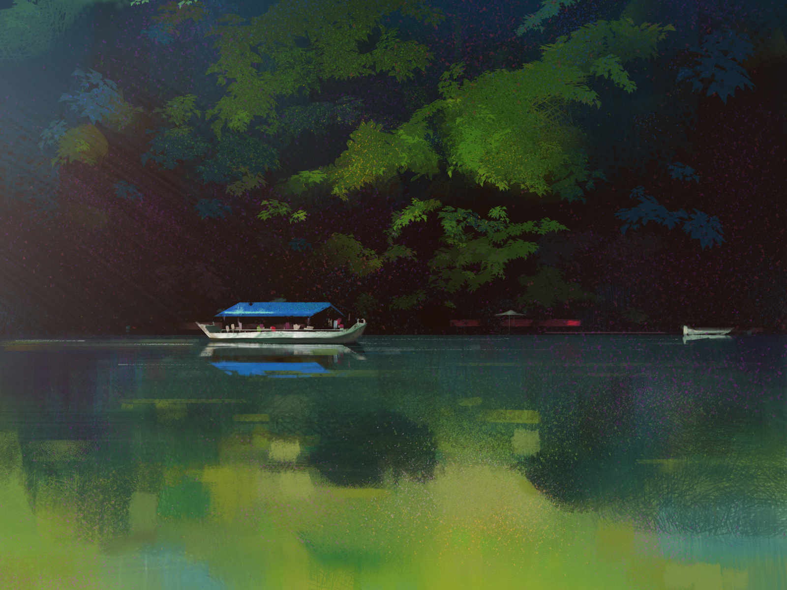 Riverboat environment forest illustration japan river riverboat riverside travel