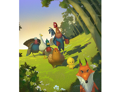 Reader Illustration animals chick environment forest fox goose hen illustration kids photoshop rooster turkey