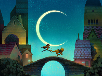 Lilly's drawing dog environment illustration kids moon night photoshop town