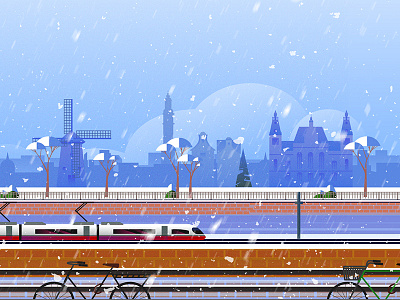 Rail Europe Holiday Card - Atomic Kid Studios - Amsterdam amsterdam atomic kid studios bike rail europe holiday card river train windmill