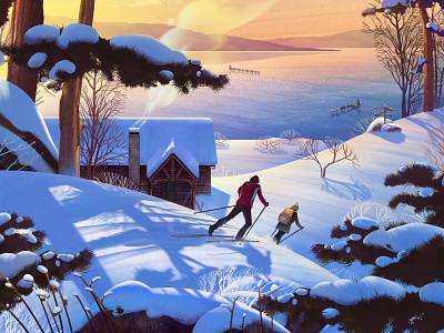 Exodus Travels: Winter Brochure cottage cross country skiing deborah wolfe exodus travel illustration online lake snow sunset winter winter brochure
