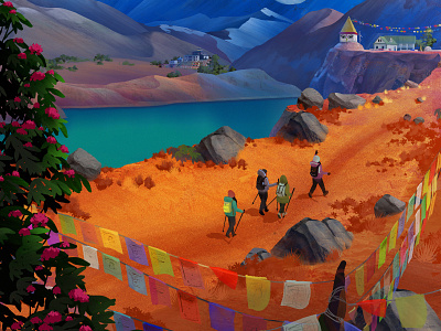 Exodus Travels: Trekking Brochure environment himalayas illustration lake mountain people prayer flags trakking