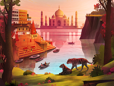 Exodus Travels Discovery and Wildlife Brochure 2020 boat environment forest ganges ghats river illustration india river sunrise taj mahal tiger travel trees