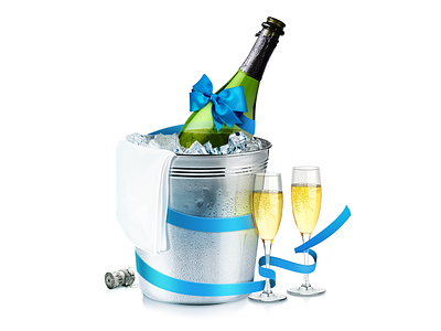 Champagne bottle bucket champagne glass ice icecube ribbon towel wineglass