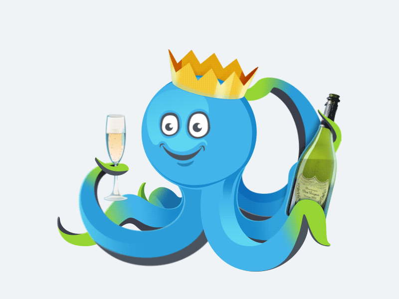 Funny octopus animation champagne congratulation crown drink gif octopus