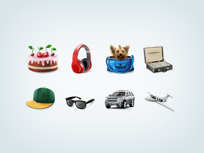 Gifts airplane briefcase cake cap car dog gifts glass headset icons money