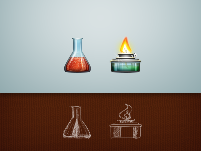 Laboratory alcoholic lamp blue fire flask green icons laboratory matrass red sketch spirit lamp