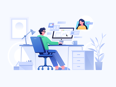 Work from home app communication computer conference home illustration office plant remote stool