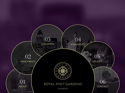 Royal Mint Gardens Navigation black design digital gold grey interactive navigation purple umbraco webdesign
