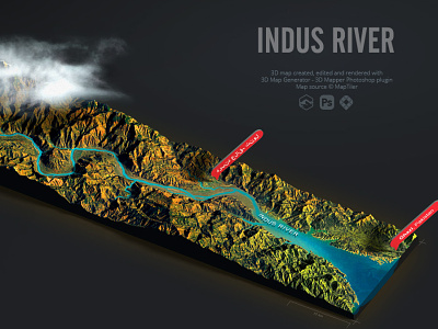 Indus River - Pakistan - 3D Map 3d 3d map generator cartography elevation generator map mapper pakistan photoshop plugin