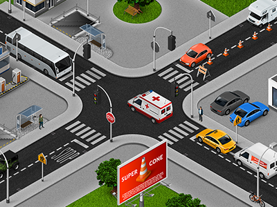 Isometric cars and traffic icons bike billboard bus bus stop cars cone icon isometric road signs taxi traffic lights underground