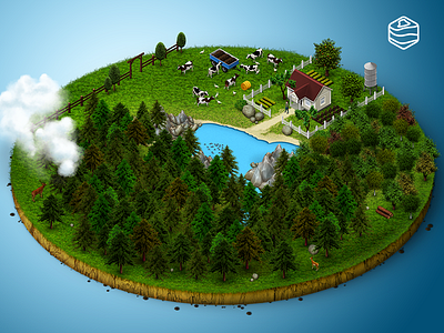Icon Test conifer cow deciduous deer farm fence forest house isometric lake map silo
