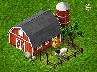 The little farm 3d map barn fence horse icon isometric silo stones straw tree