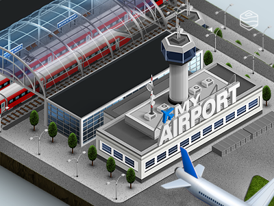 Airport aircraft airplane icon illustration isometric photoshop tower train train station