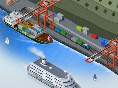 Harbor container cran dock. harbor icon isometric kai photoshop pier rails sailing ship ships train