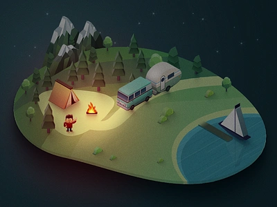 Isometric camping caravan generator icon photoshop plugin ship tent vector