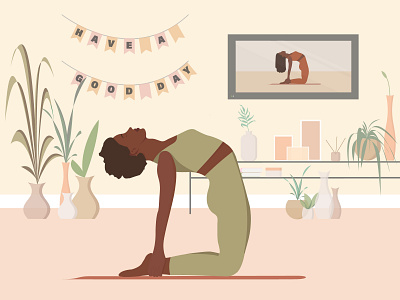 Girl does an online yoga workout at home. Vector illustration. digital illustration graphic design graphic designer home illustration illustrator minimal minimalistic online plant illustration quarantine trendy vector vector art vector artwork vector graphic vector illustration vector illustrator workout yoga