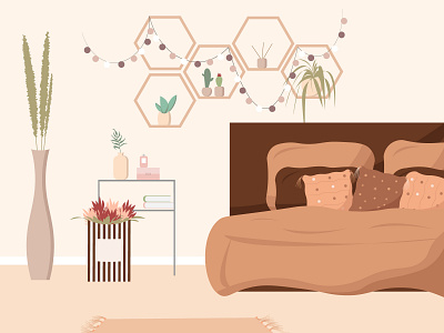 Interior of bedroom in Scandinavian style, boho in pastel bedroom boho digital art digital illustration graphic design graphic designer hexagon illustraion indoor interior minimalism pastel colours plants scandinavian scene vector vector art vector graphic vector illustration vector illustrator