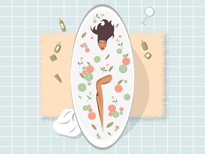 Girl takes a bath with flowers and fruits, top view