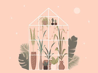 Cute greenhouse with plants and garland in minimalistic style