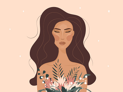 Nice girl with lush hair and flowers. Vector flat illustration. beauty bouquet character character design cute face fashion flat flat design flat illustration girl graphic design illustraion illustrator pretty vector vector graphic vector illustration vector illustrator woman