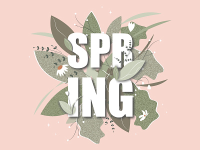 Spring white lettering banner with green leaves and wildflower