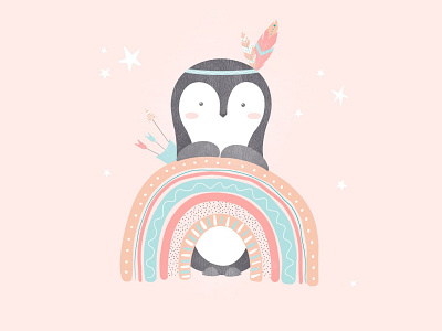 Little penguin and rainbow. Childrens illustration