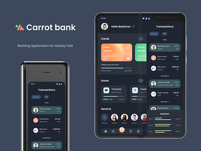 Carrot Bank App UI | Galaxy Fold 🥕 app bank banking app carrot dark theme design emoji galaxy fold interface samsung galaxy fold ui ux web