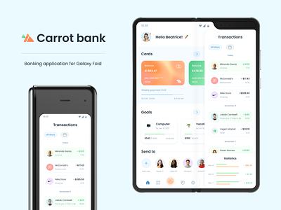 Carrot Bank App UI | Galaxy Fold 🥕 app bank banking app carrot design emoji galaxy fold interface light theme logo samsung galaxy fold ui ux web
