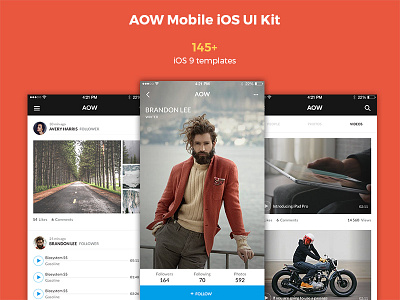 AOW Mobile iOS 9 UI Kit app ios iphone mobile photoshop profile social template ui