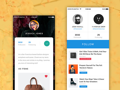 Awesome social profiles app design ios iphone mobile photoshop psd sketch template ui kit