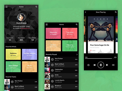 Music app screens app design media music player profile sketch template ui kit