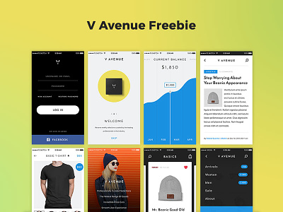 V Avenue Freebie ecommerce free freebie ios iphone login mobile photoshop psd sketch template ui kit