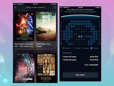 Cinema tickets app design ios iphone movie photoshop psd template ui kit