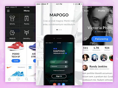 Drei app design ecommerce mobile photoshop profile psd sketch template ui kit walkthrough